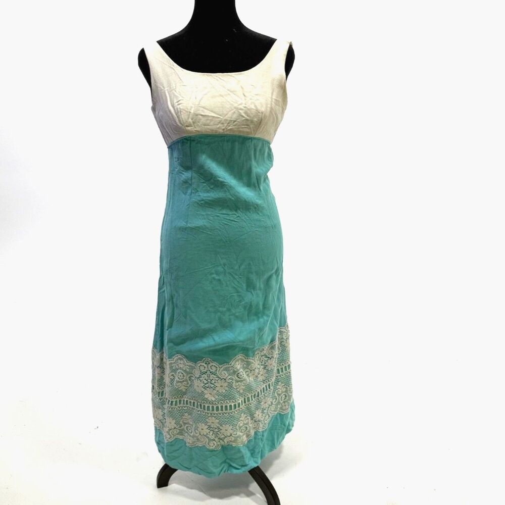 vintage 1960s occasion wear maxi, light blue and cream top lace detail